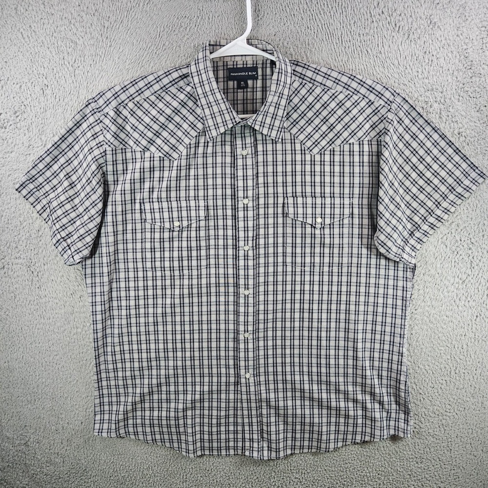 Panhandle Slim Mens XL Western Shirt Plaid Pearl Snap Short Sleeve Gray